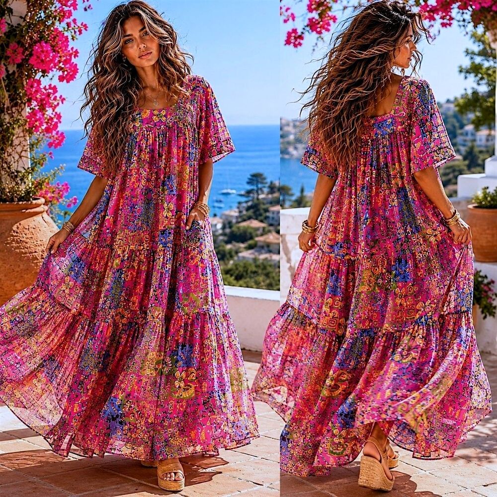 Vtg 90s Cotton L India Neon Patchwork Dopamine Maxi Dress Pink Boho Euro Summer